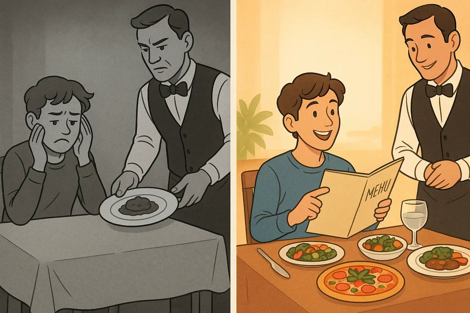 A person confidently choosing from a colourful menu, illustrating personalised selection of neurodivergent tips that work best for individual needs.