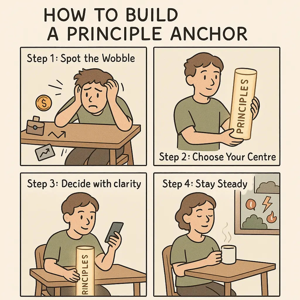 A four-panel comic strip showing a person's transformation from stress to calm stability by anchoring their life decisions to core principles rather than external pressures