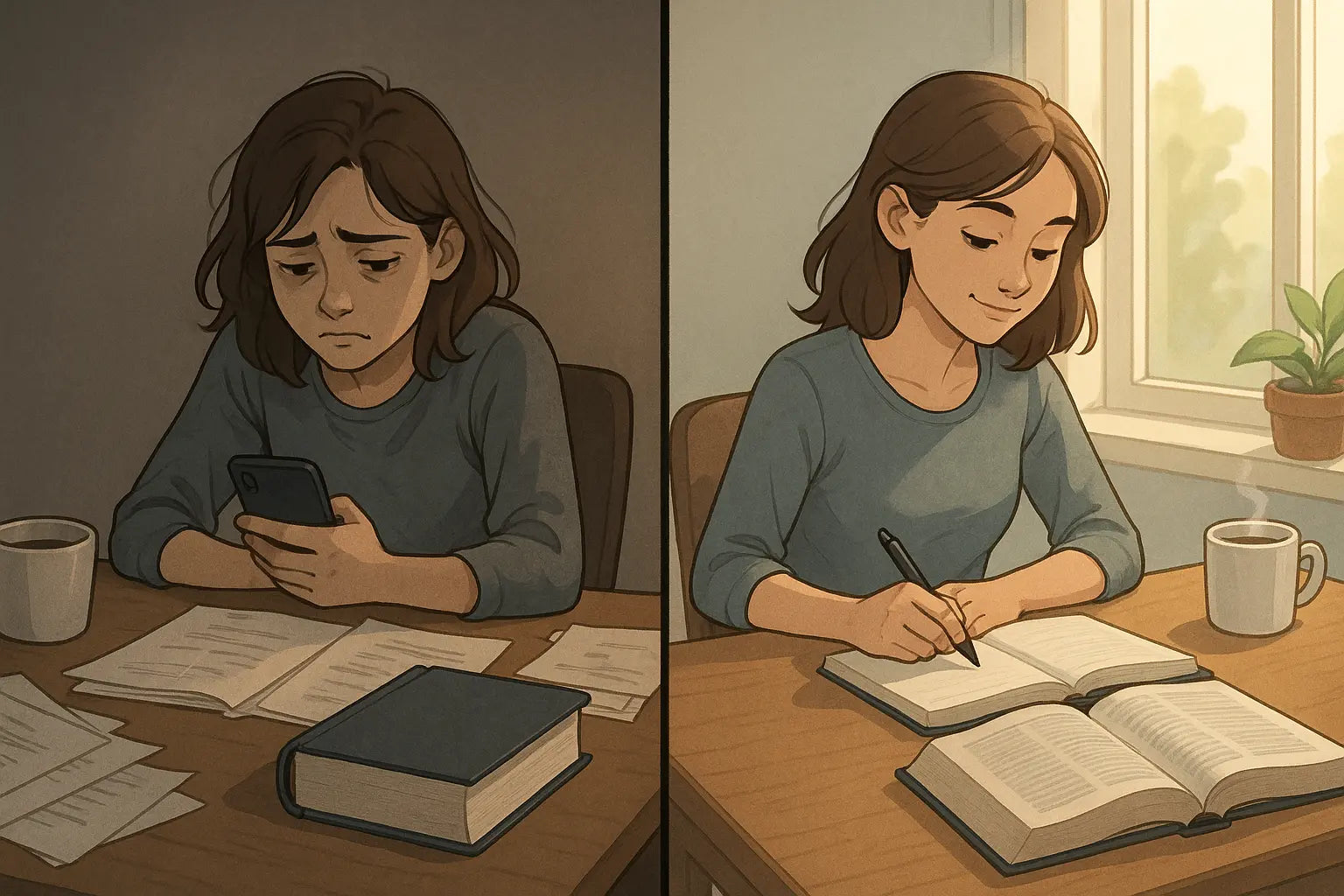Split-panel illustration showing a university student's transformation from overwhelmed and procrastinating to calm and focused after tackling the hardest task first