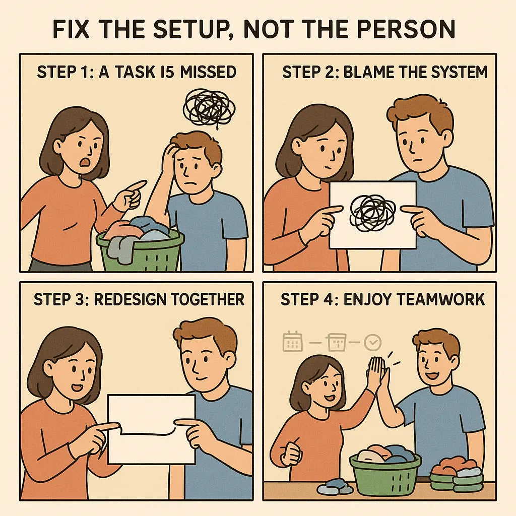 A four-panel comic showing a couple collaboratively redesigning their task system together, moving from frustration over a missed chore to happy teamwork and high-fives