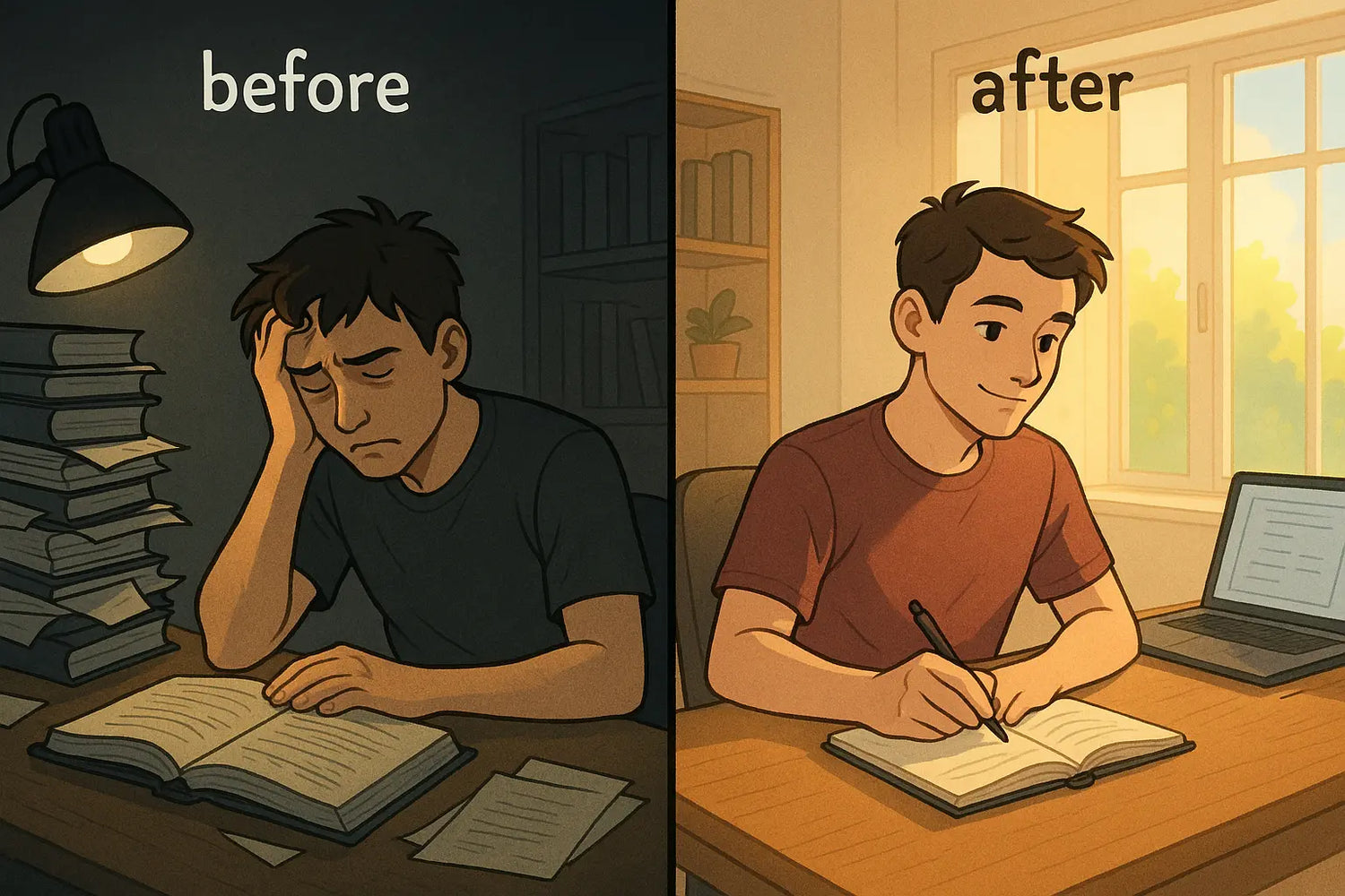 A split-panel illustration showing a student's transformation from overwhelmed at a messy desk to calm and focused at an organised desk, capturing the power of a mindset shift.