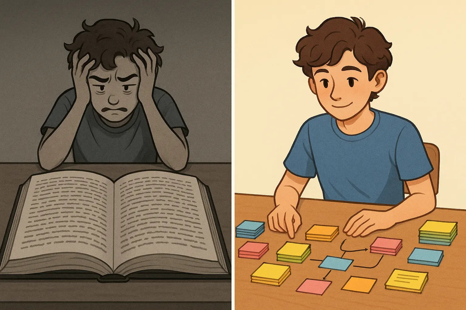 A side-by-side comparison showing a stressed student overwhelmed by a giant textbook on the left, and the same calm student with information organised into small, colourful chunks on the right.