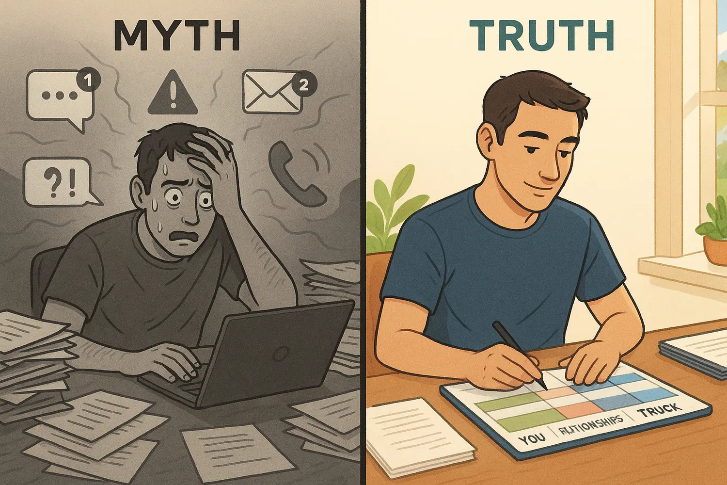 A side-by-side illustration showing a stressed person at a messy desk on the left, and the same person calmly organising their time into three life areas on the right.