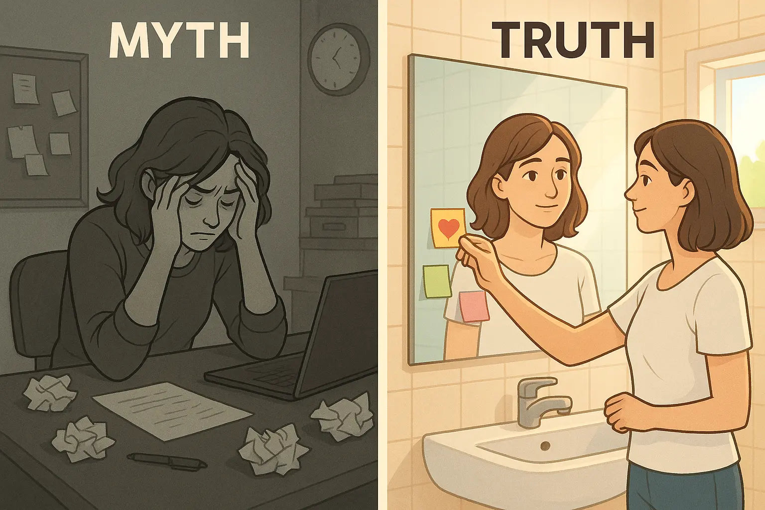 A woman calmly placing a positive reminder on her bathroom mirror, illustrating how daily visual cues support better self-talk for attention support.