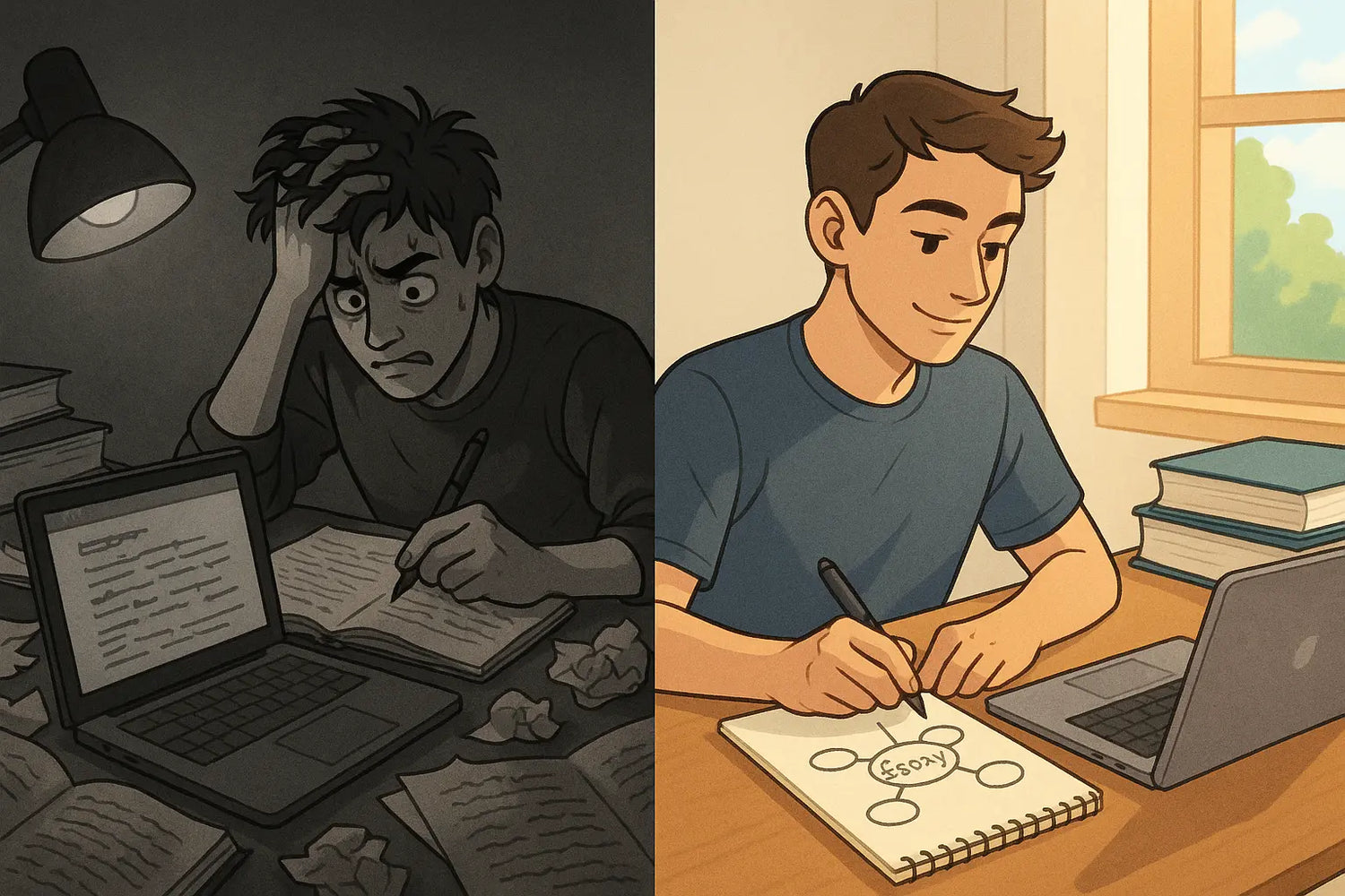 A diptych illustration showing a stressed student in a chaotic workspace on the left, contrasted with the same calm, organised student following a clear essay-writing plan on the right.