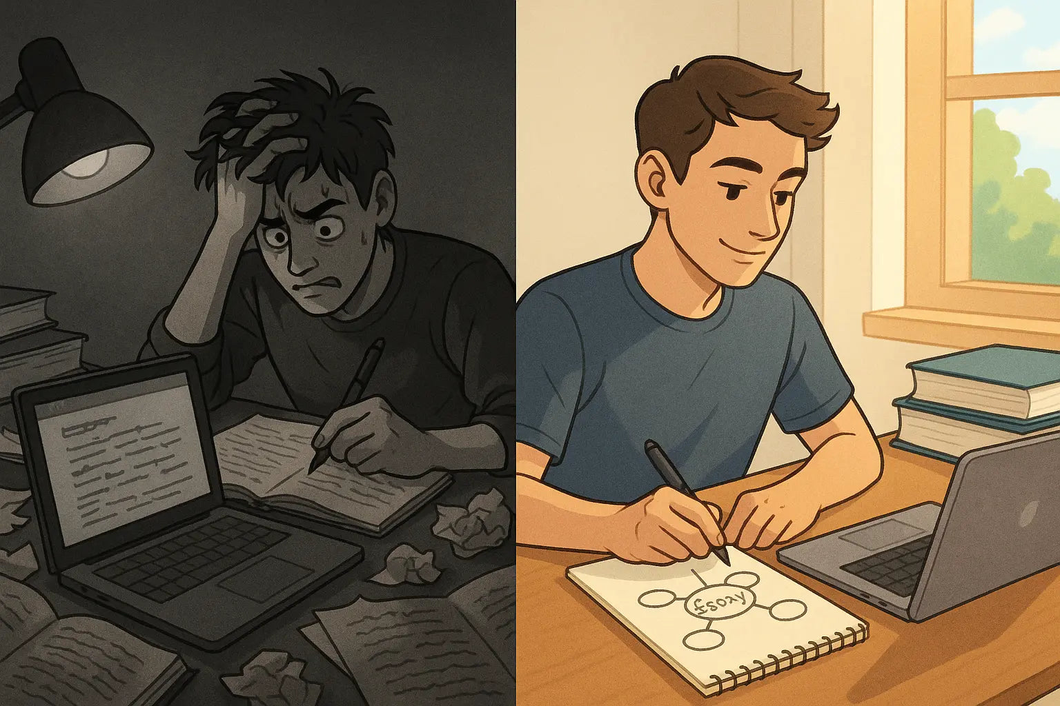 A diptych illustration showing a stressed student in a chaotic workspace on the left, contrasted with the same calm, organised student following a clear essay-writing plan on the right.