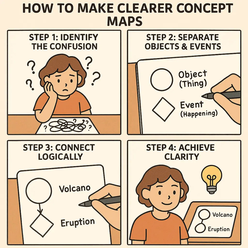 A four-panel comic strip showing a student transforming a messy concept map into a clear, organised map by separating objects in circles from events in diamonds