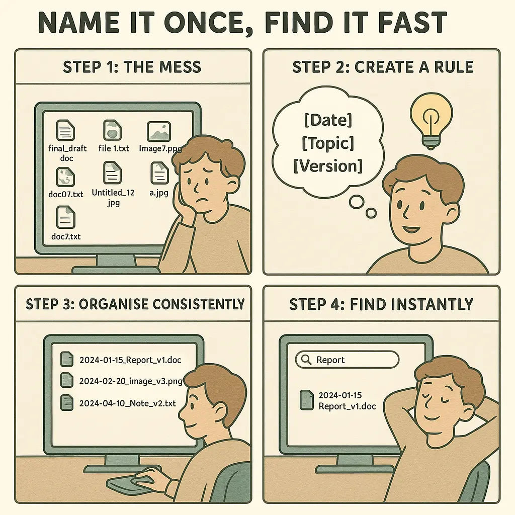 A four-panel comic strip showing a person's transformation from frustrated with chaotic file names to relieved after implementing a consistent [Date]_[Topic]_[Version] naming system for instant file retrieval.