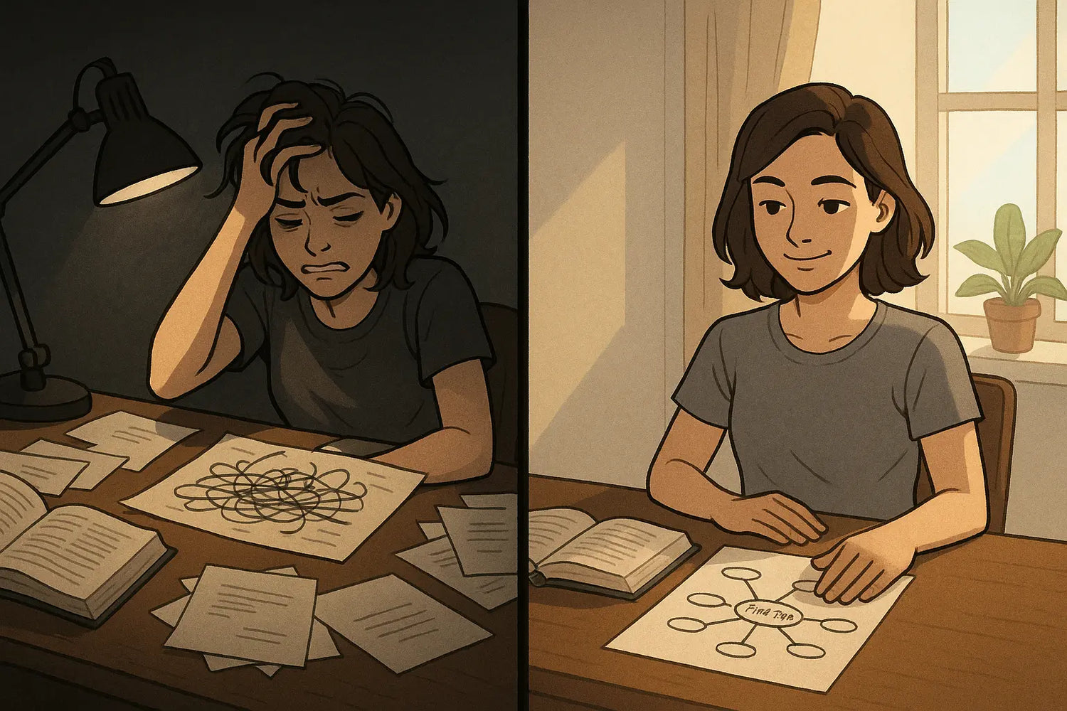 A split-panel illustration showing a student's transformation from sitting overwhelmed at a chaotic desk with tangled notes to appearing calm and focused with a clear, organised mind map in a bright, tidy workspace.