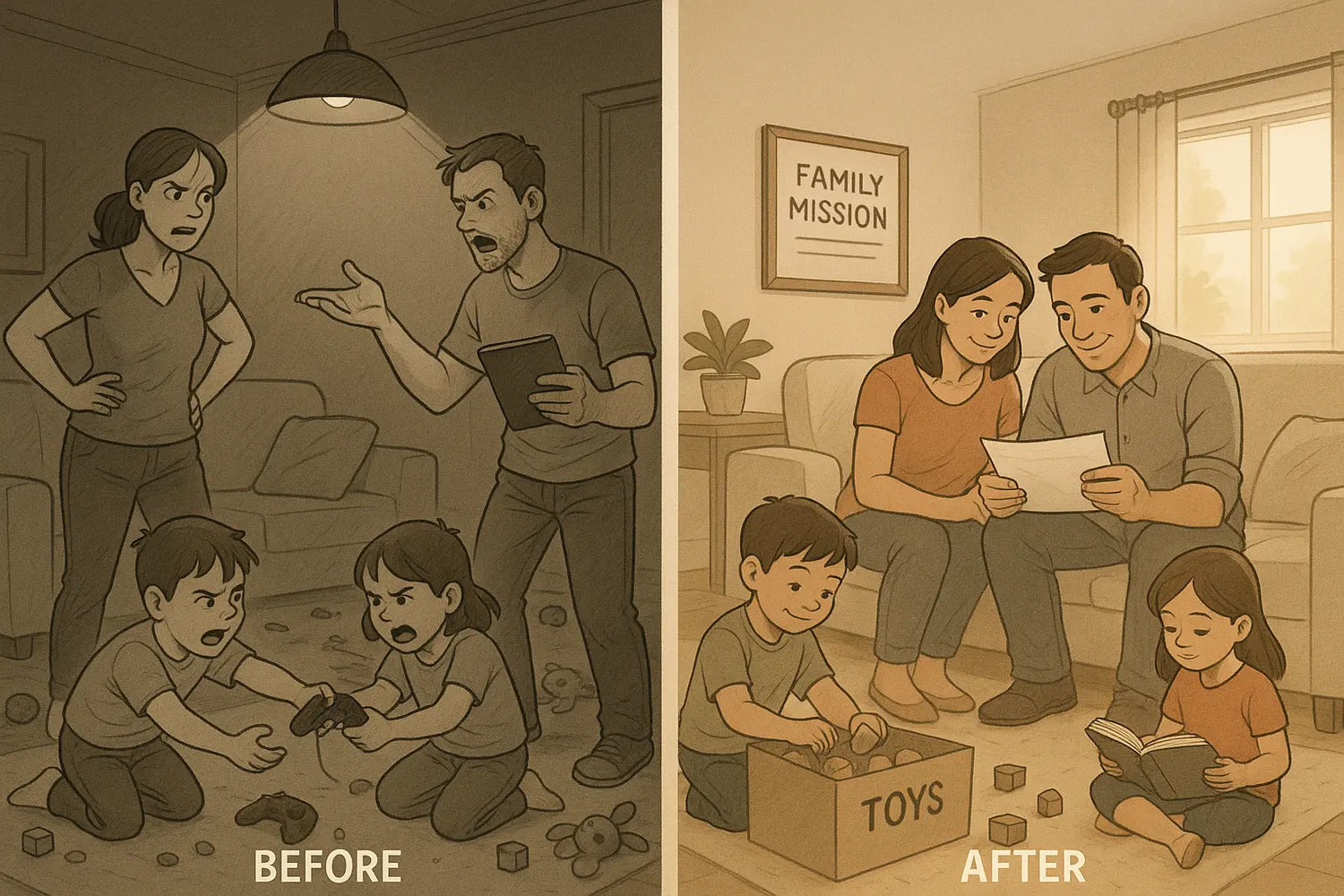 A family transforms from chaos to calm in their living room, guided by their new family mission statement displayed on the wall.