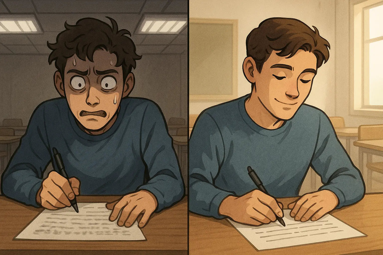 A split-panel illustration showing a university student's transformation from panicked and frozen during an exam to calm and confidently writing, demonstrating the power of timed practice.