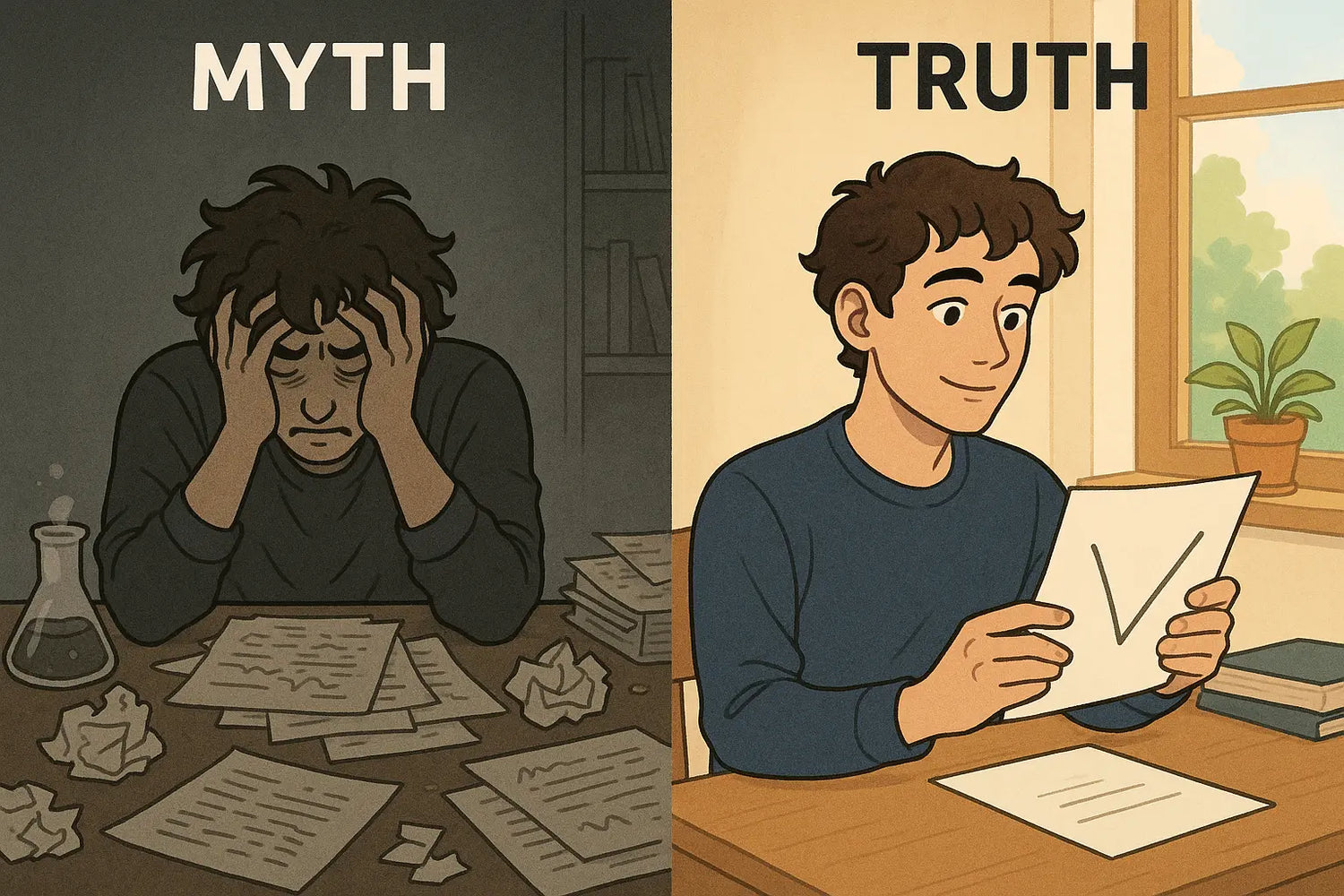A university student transforms from overwhelmed confusion to calm clarity using a simple V-shaped diagram to analyse a failed assignment.