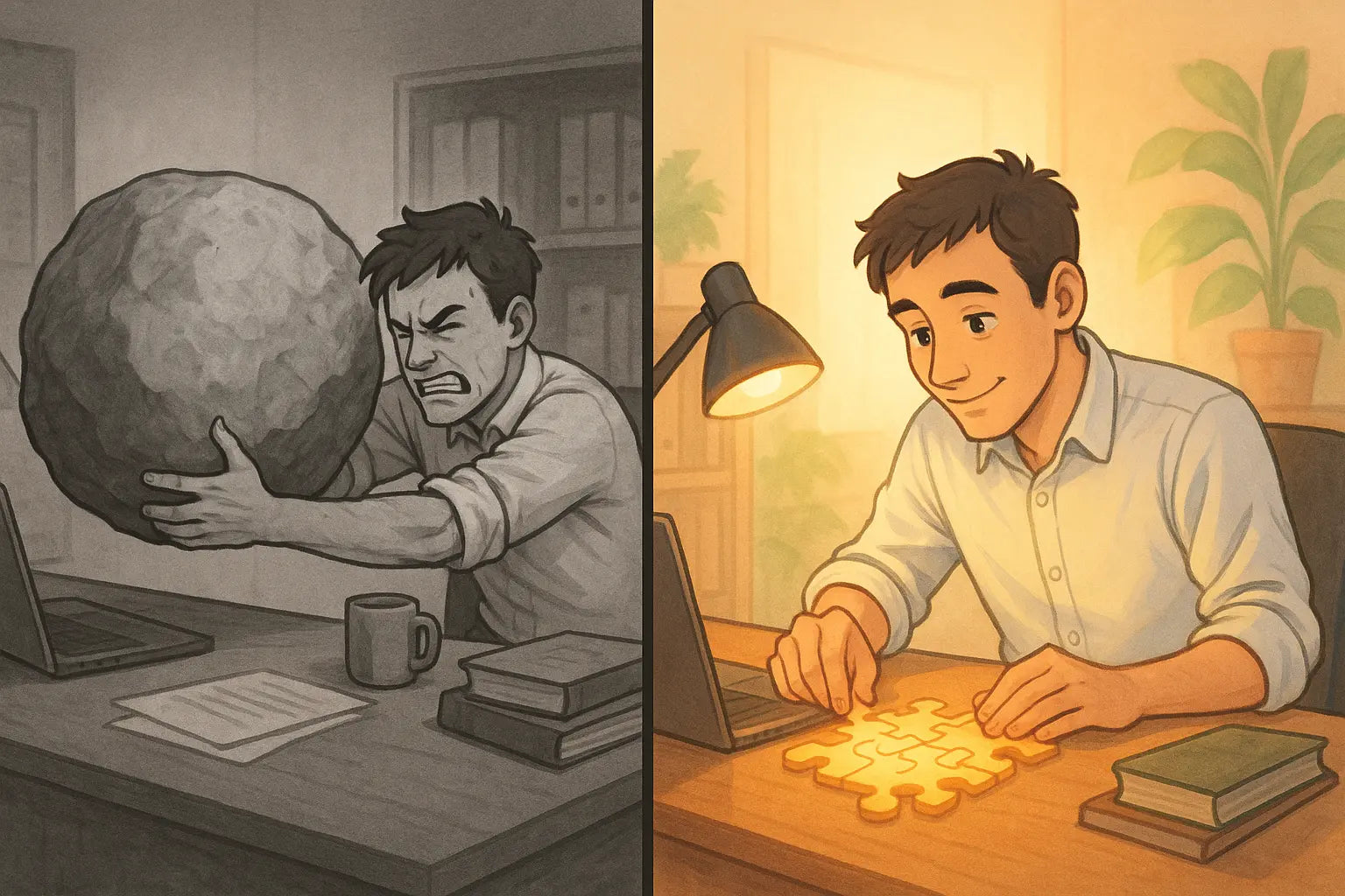 A split illustration showing a man struggling to push a heavy boulder across his desk versus happily assembling a glowing puzzle, depicting the contrast between forced work and engaged work