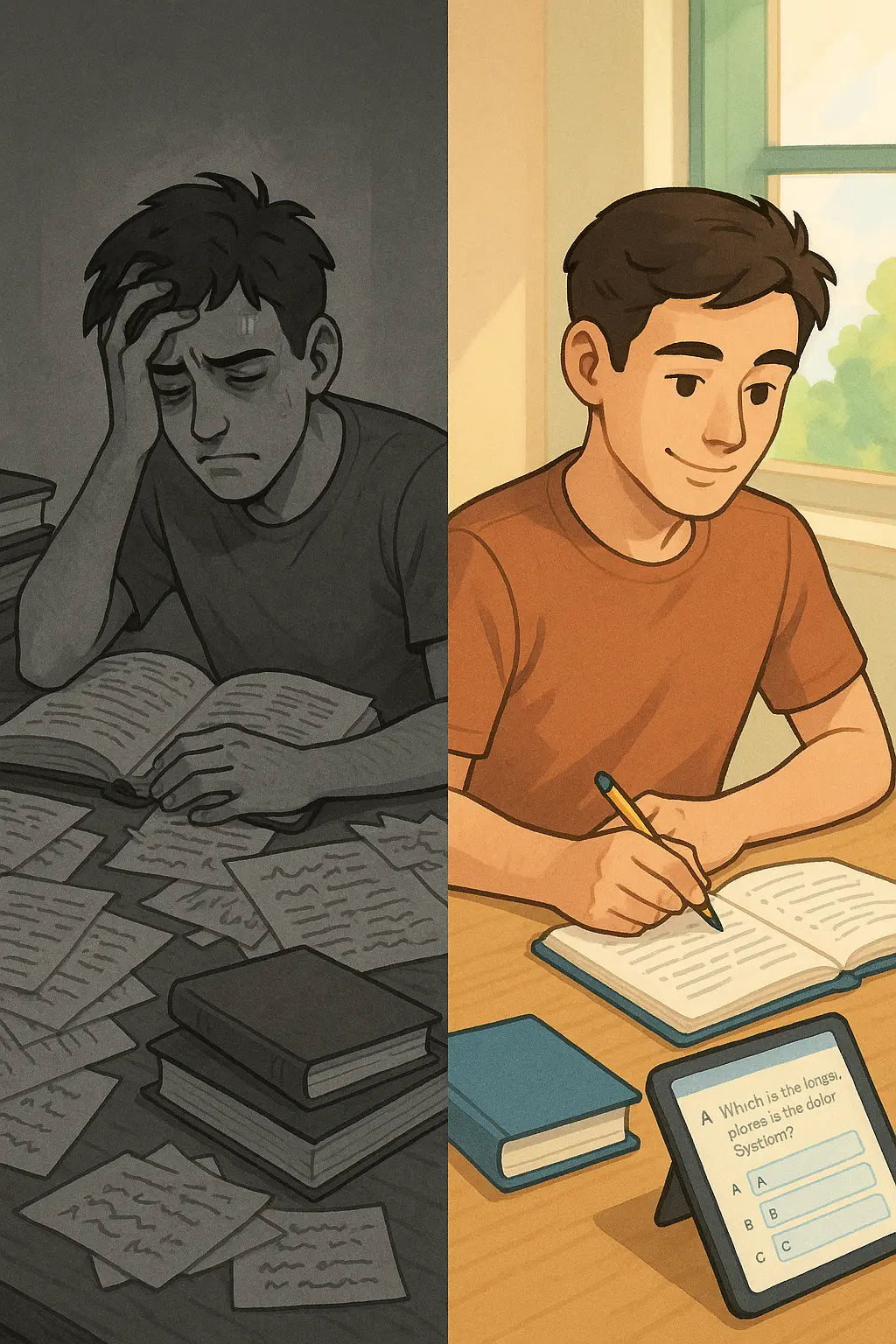 A side-by-side comparison showing a stressed student cramming in a dark room on the left, and a calm student alternating between organised notes and a practice quiz on a tablet in a bright room on the right