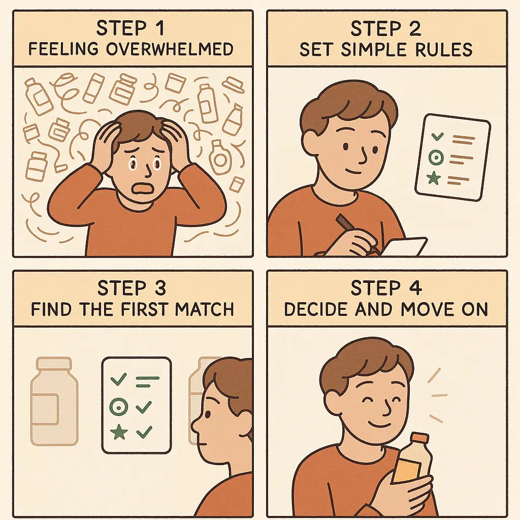 A four-panel comic strip showing a character overcoming decision fatigue by setting simple rules, finding the first matching option, and feeling relieved with their good enough decision.