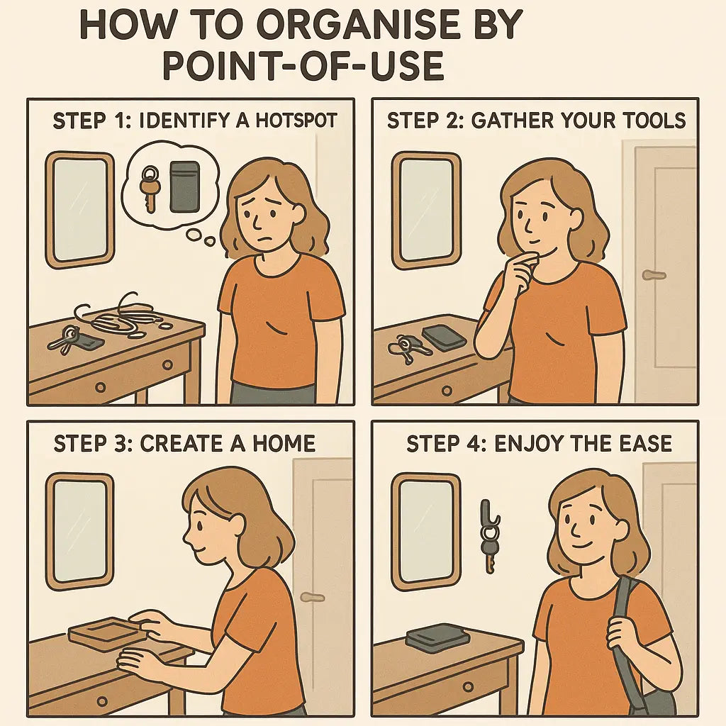 A woman organising her entryway table by creating designated homes for keys, wallet, and phone charger, demonstrating the point-of-use organisation method in a clean, illustrated four-panel sequence.
