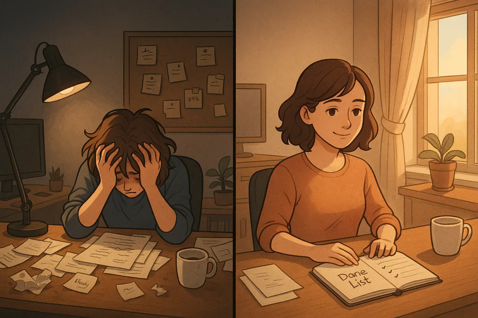 Split-panel illustration showing a woman's transformation from slumped over a cluttered desk in exhaustion to sitting calmly at an organised desk whilst reviewing her done list with satisfaction
