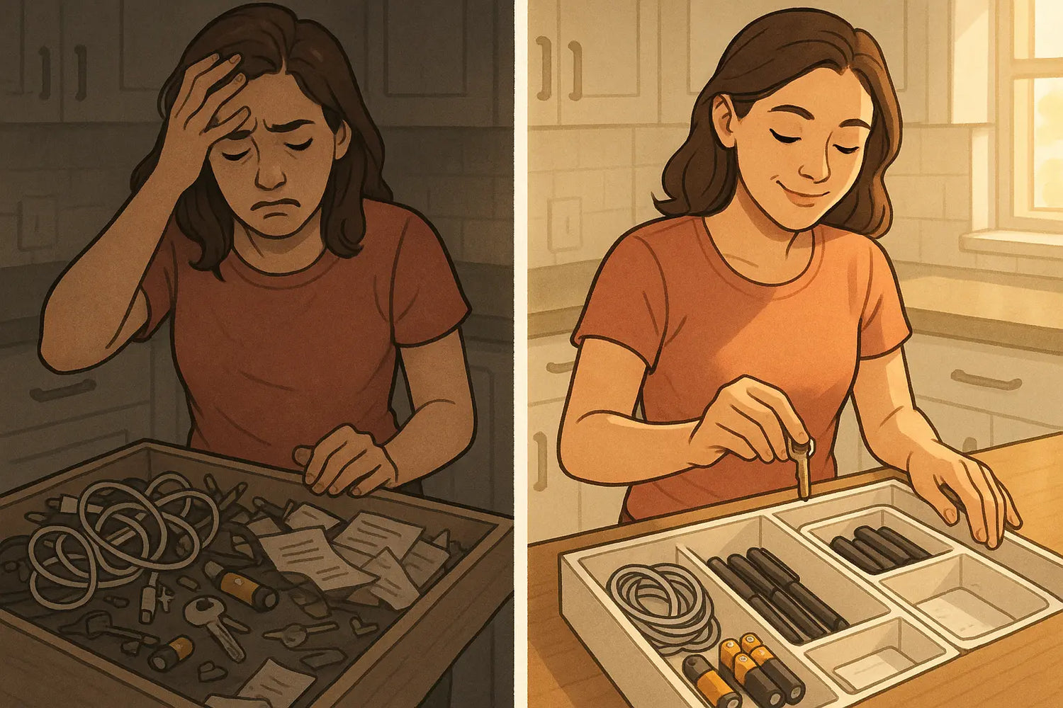 A split-panel illustration showing a woman transforming her chaotic junk drawer into a neatly organised system with clear categories and dividers.