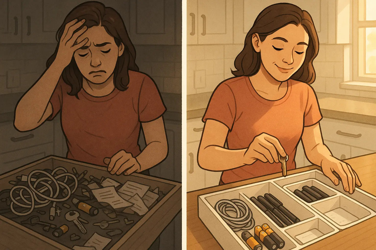 A split-panel illustration showing a woman transforming her chaotic junk drawer into a neatly organised system with clear categories and dividers.