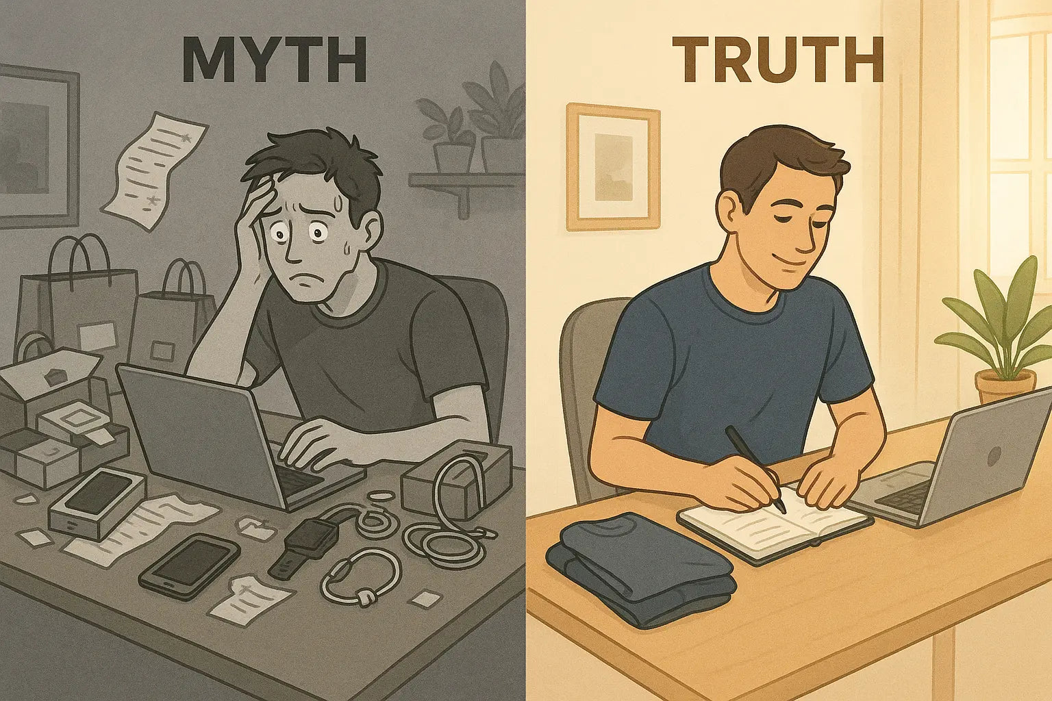 A side-by-side comparison showing a stressed man surrounded by impulse purchases on one side, and the same man calm and focused at a tidy desk after starting a positive habit chain on the other.