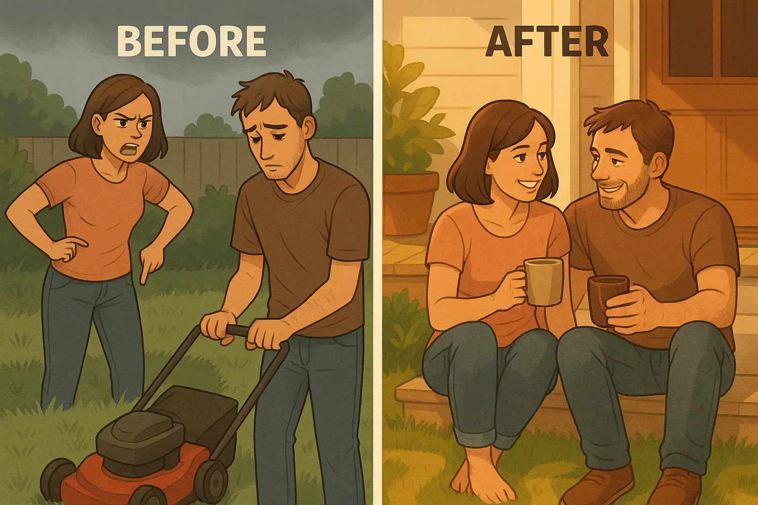 A split-panel illustration showing a couple's transformation from a tense, micromanaging dynamic while mowing the lawn to a relaxed, happy partnership sitting together on porch steps after completing the chore.