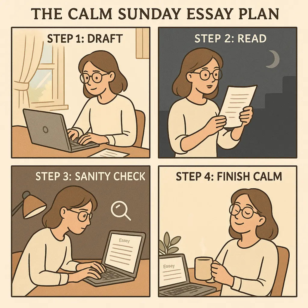 A four-panel comic strip showing a student following a calm three-step Sunday essay routine, from drafting in the afternoon to reading aloud in the evening, finishing with a satisfied smile and completed work.