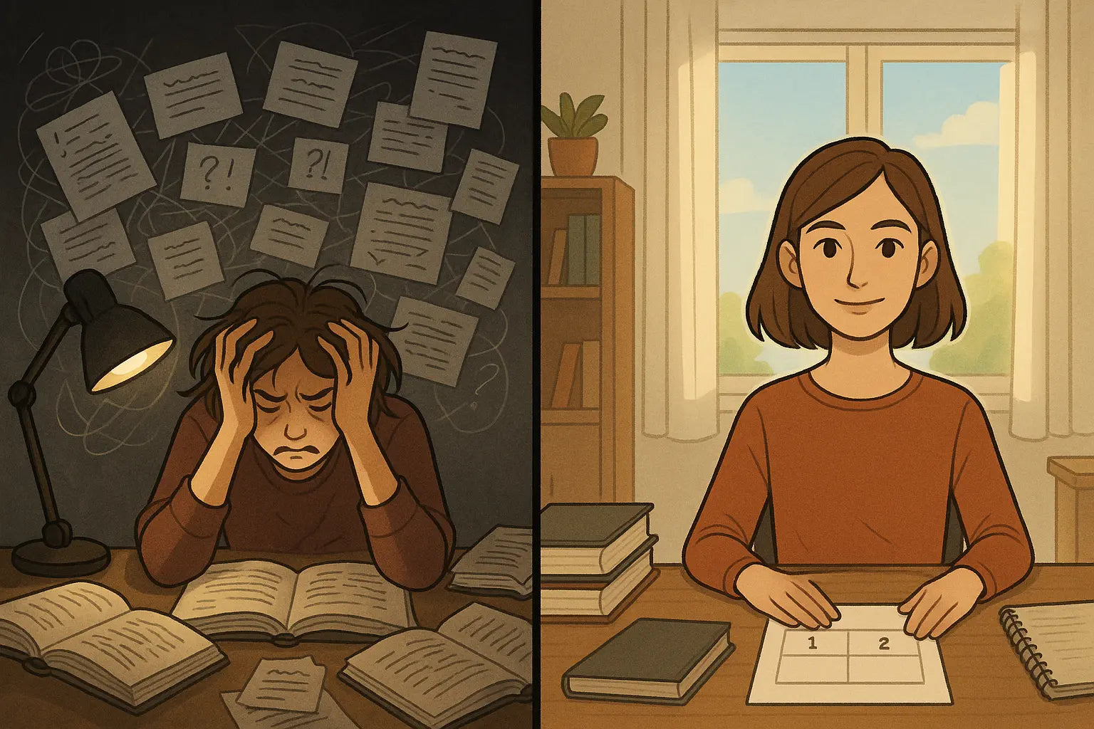 A student's transformation from overwhelmed chaos to calm focus, showing messy tangled notes on the left and a neat two-column argument comparison table on the right in a cosy study setting.