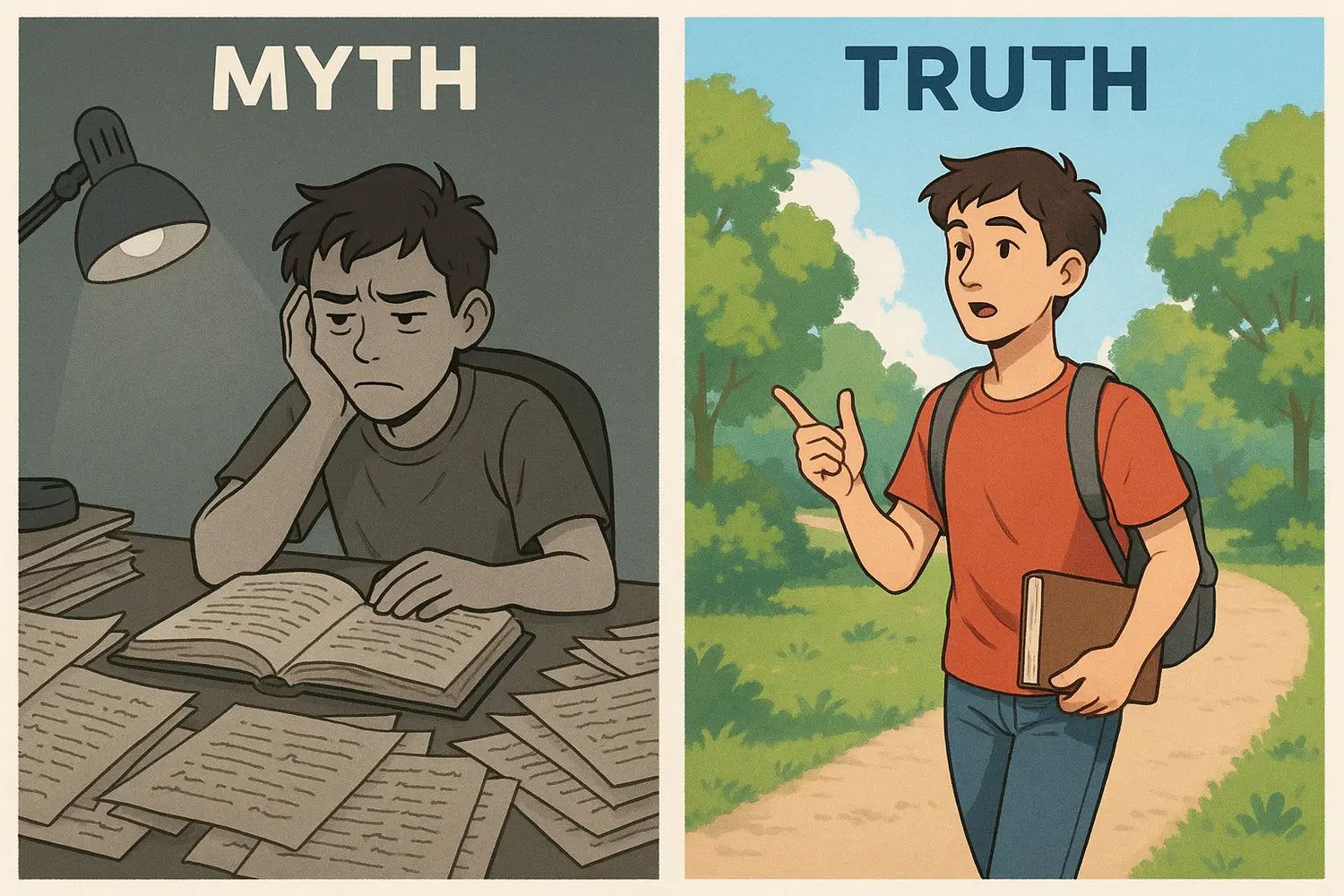 A diptych illustration comparing passive rereading at a cluttered desk in muted colours with active recall whilst walking outdoors in vibrant colours, showing the transformation from frustrated to confident learning.