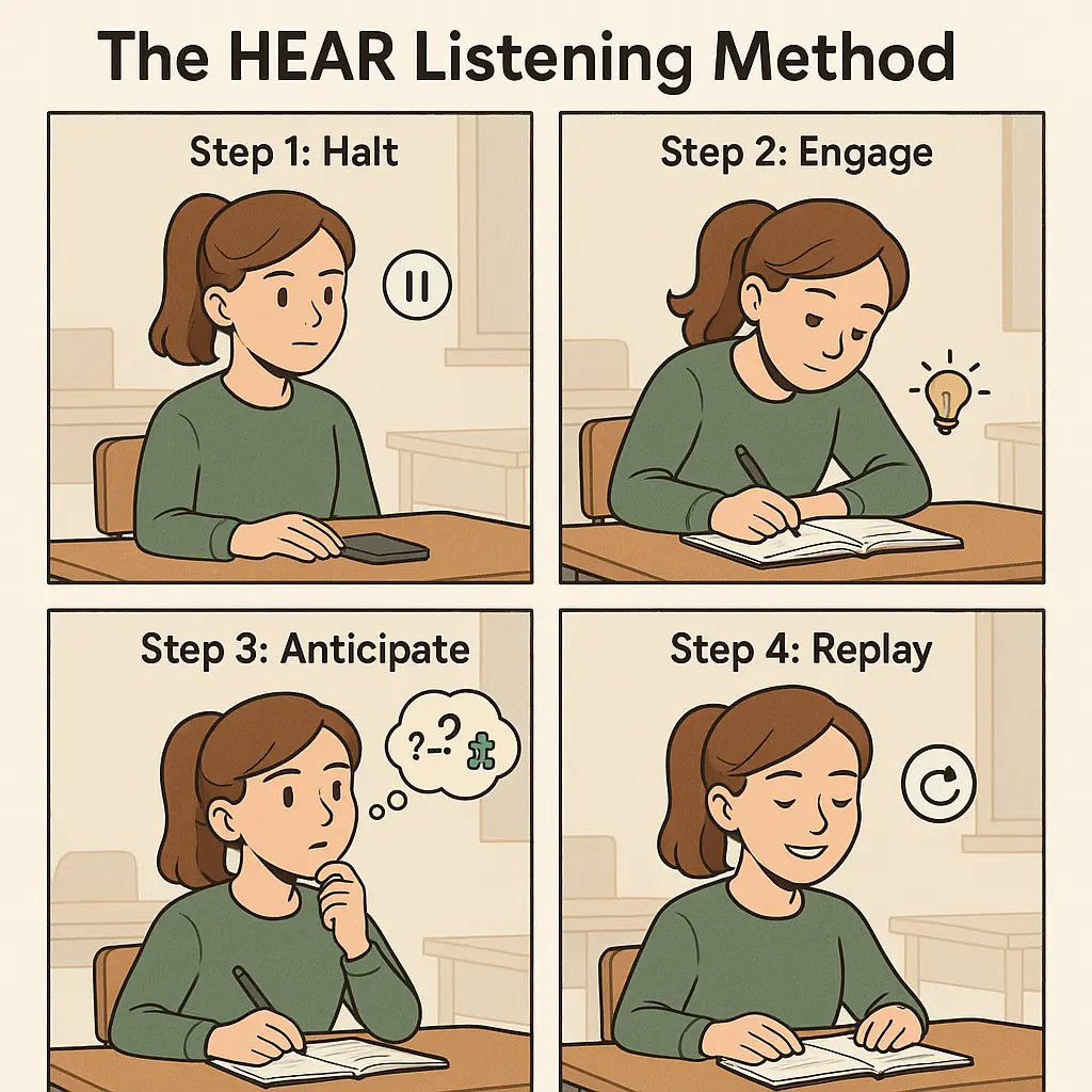 A four-panel comic strip showing a student using the HEAR listening method in class, halting distractions, engaging by taking notes, anticipating the next point, and replaying information to remember it.