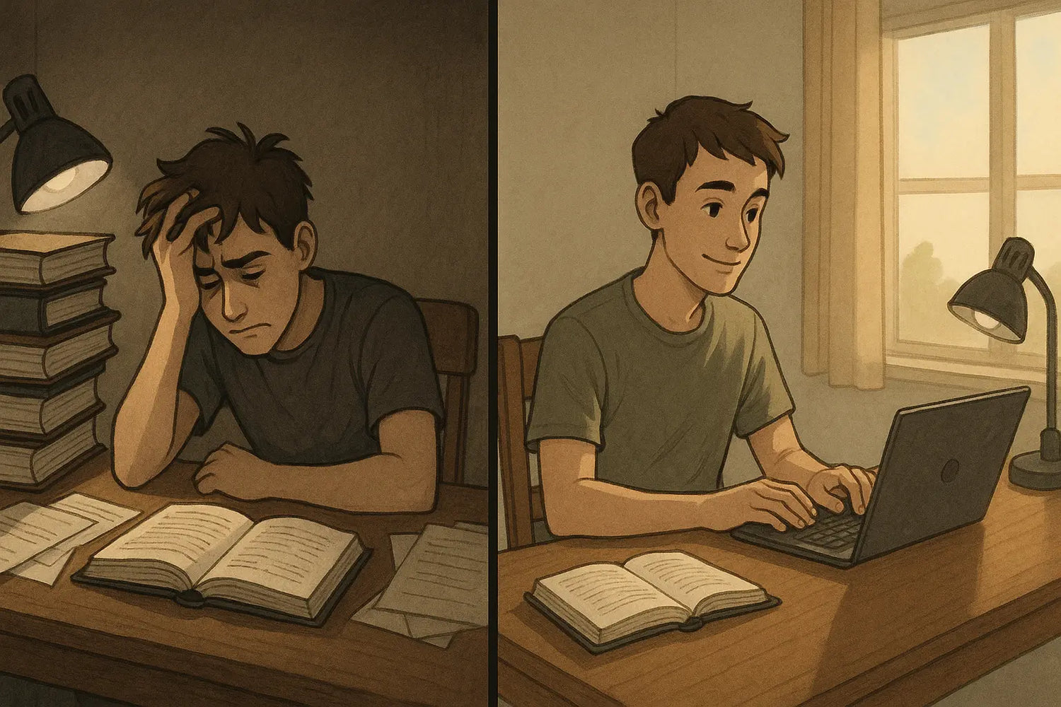 Split-panel illustration showing a student's transformation from overwhelmed by a pile of books to calm and focused, working confidently with just two opposing sources.