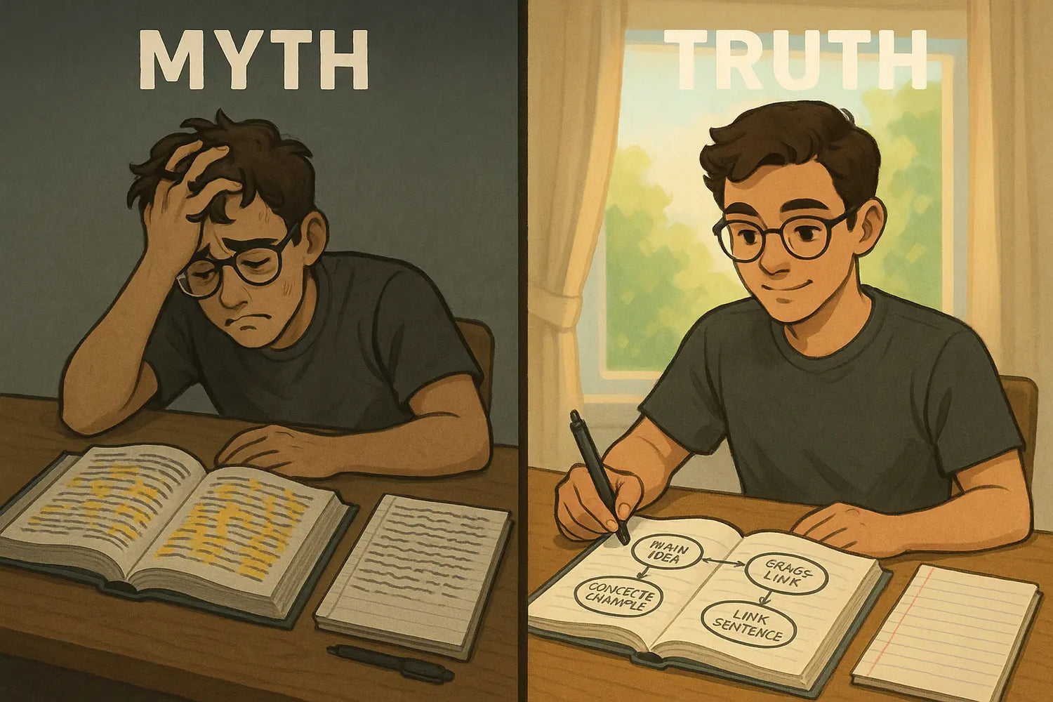 A side-by-side comparison showing a stressed student with chaotic highlighter-covered notes on the left, and a focused, calm student creating a clear concept map on the right, illustrating the difference between passive and active reading strategies.