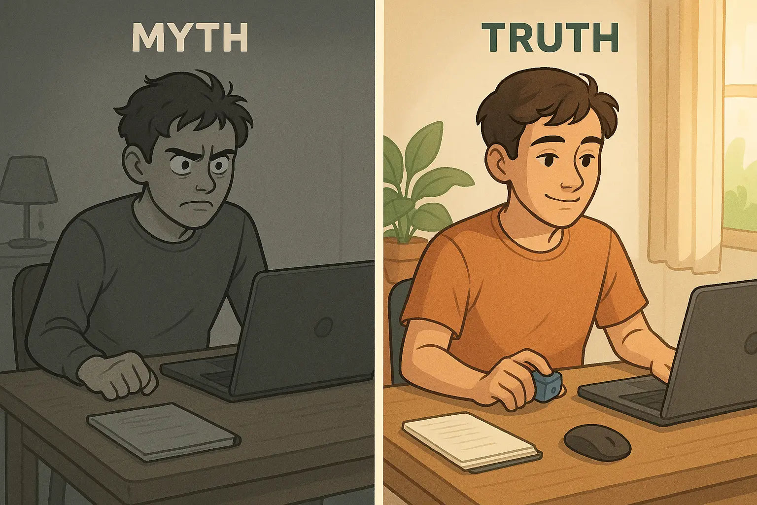 A side-by-side illustration comparing a person struggling to sit still at a desk versus the same person calmly focusing whilst using a discreet fidget tool.
