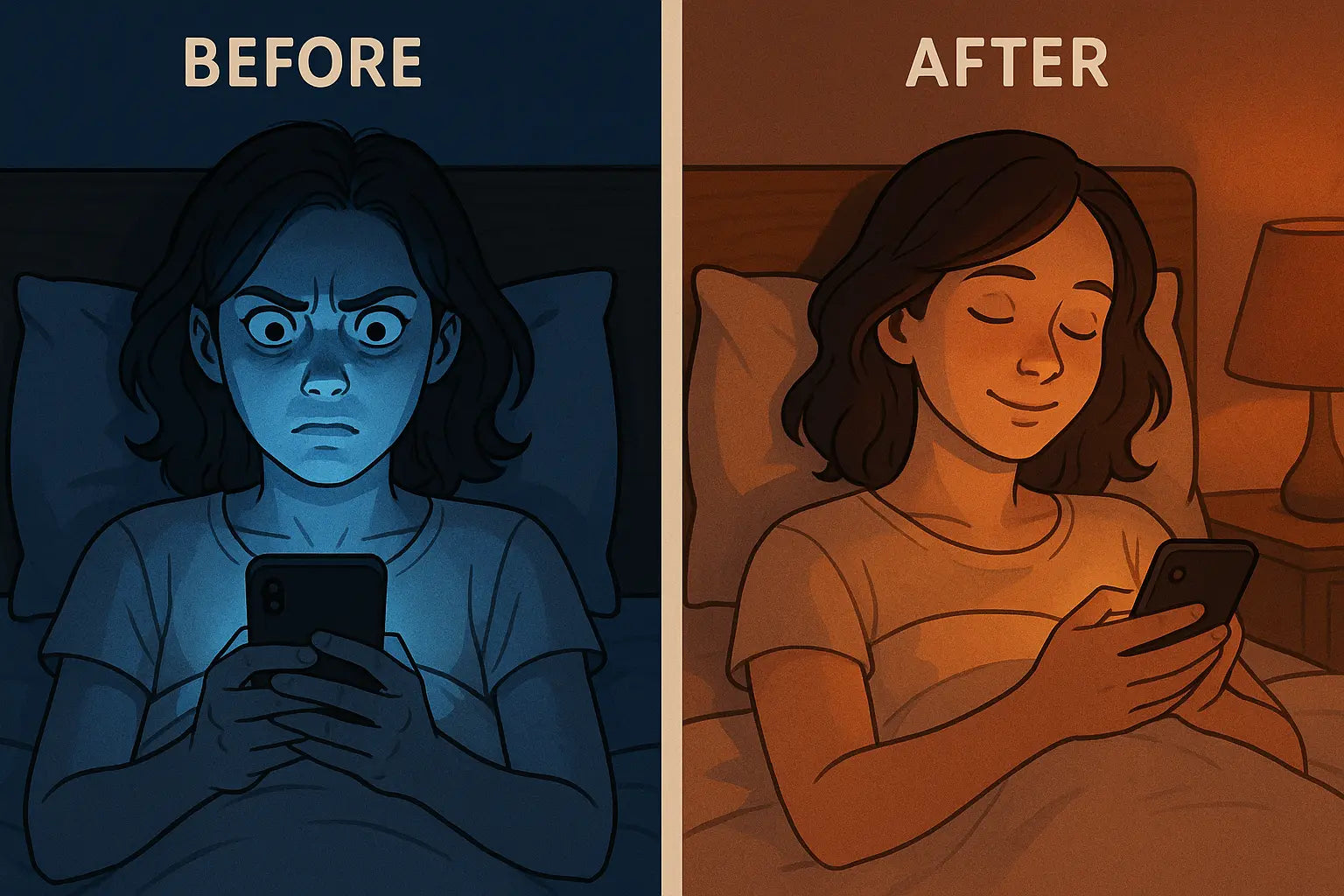 Split illustration showing a woman in bed: first panel with harsh blue phone screen looking stressed, second panel with warm amber screen looking peaceful and ready for sleep.