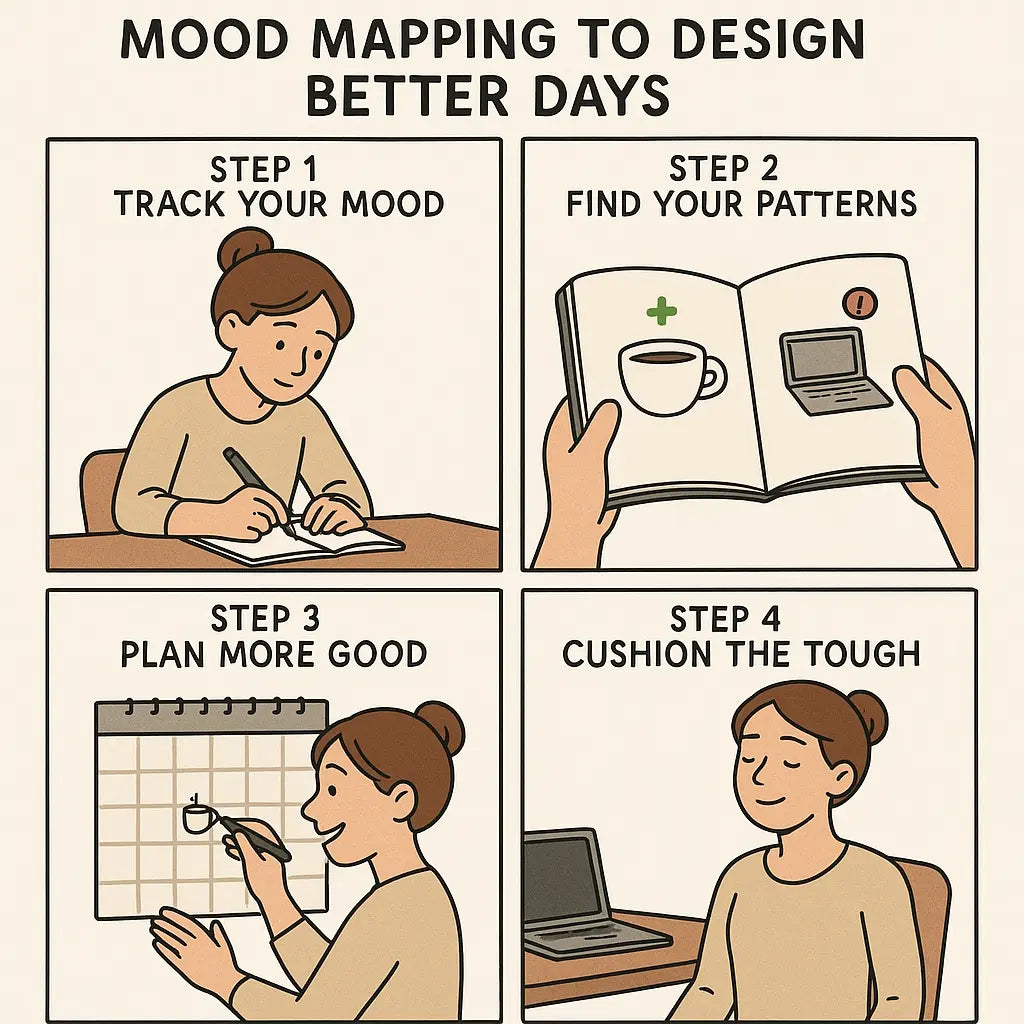 A four-panel comic showing a woman using a mood journal to track her feelings, identify patterns, schedule positive activities, and prepare calmly for challenges.