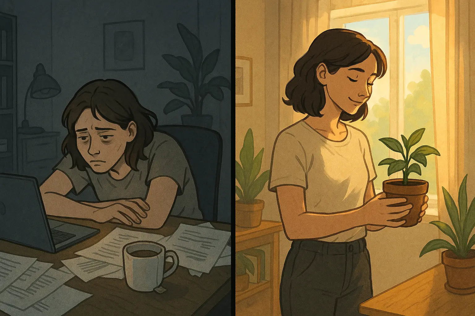 A woman transitions from feeling overwhelmed at a cluttered desk to peacefully tending a plant by a sunny window, illustrating emotional transformation through nostalgic activities.