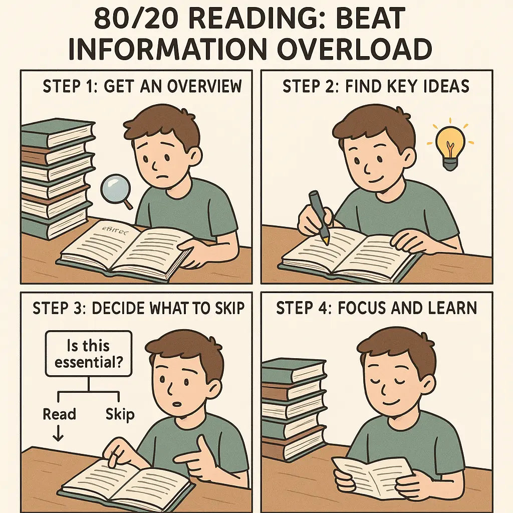 A four-panel comic strip showing a student learning the 80/20 reading method, progressing from overwhelmed to focused through scanning, identifying key ideas, deciding what to skip, and reading with calm control.