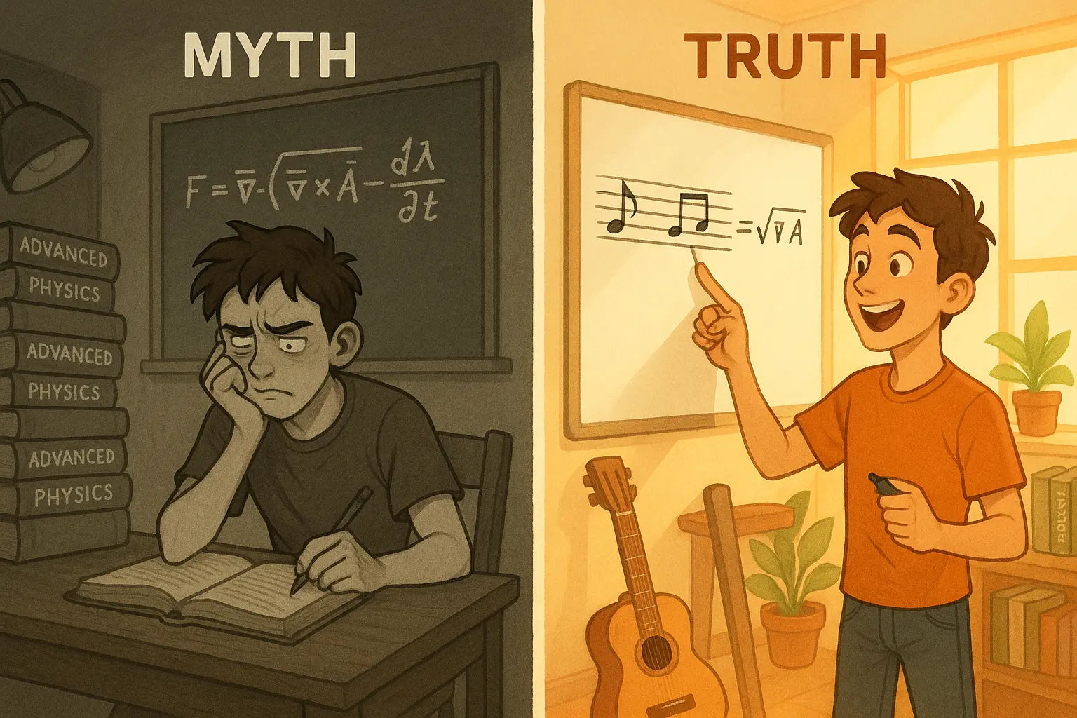 Side-by-side illustration showing a frustrated student studying one subject in dull colours versus the same student having a eureka moment connecting ideas from different fields in vibrant colours.
