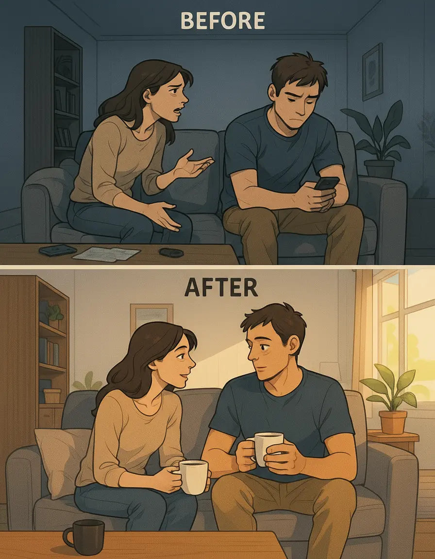A couple's transformation from tense distance to warm connection in their living room, showing the power of personal space in relationships.