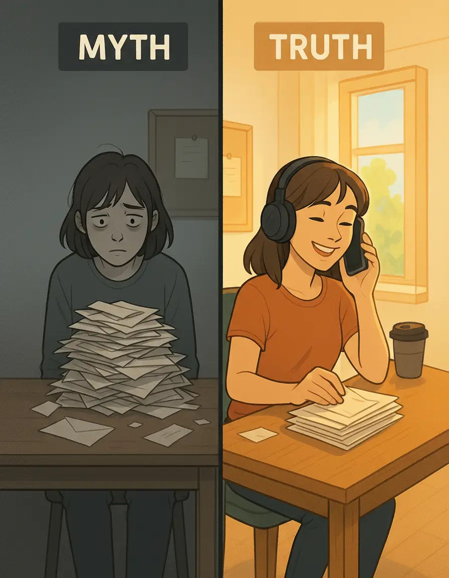 Woman happily organising paperwork while chatting with a friend on the phone in a bright, cheerful room, illustrating the power of connection during tasks.