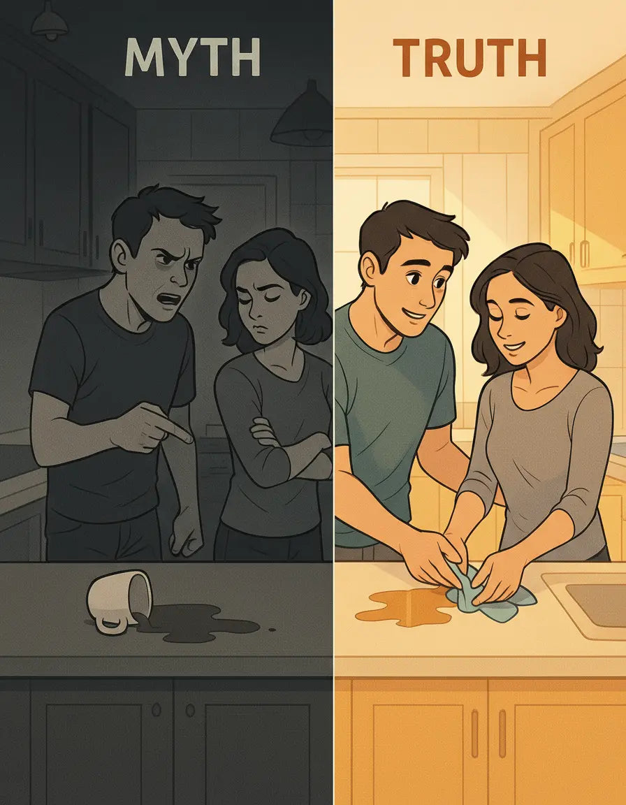 Side-by-side illustration of a couple in their kitchen: left panel shows them arguing over spilled coffee in tense colours, right panel shows them calmly cleaning together in warm tones