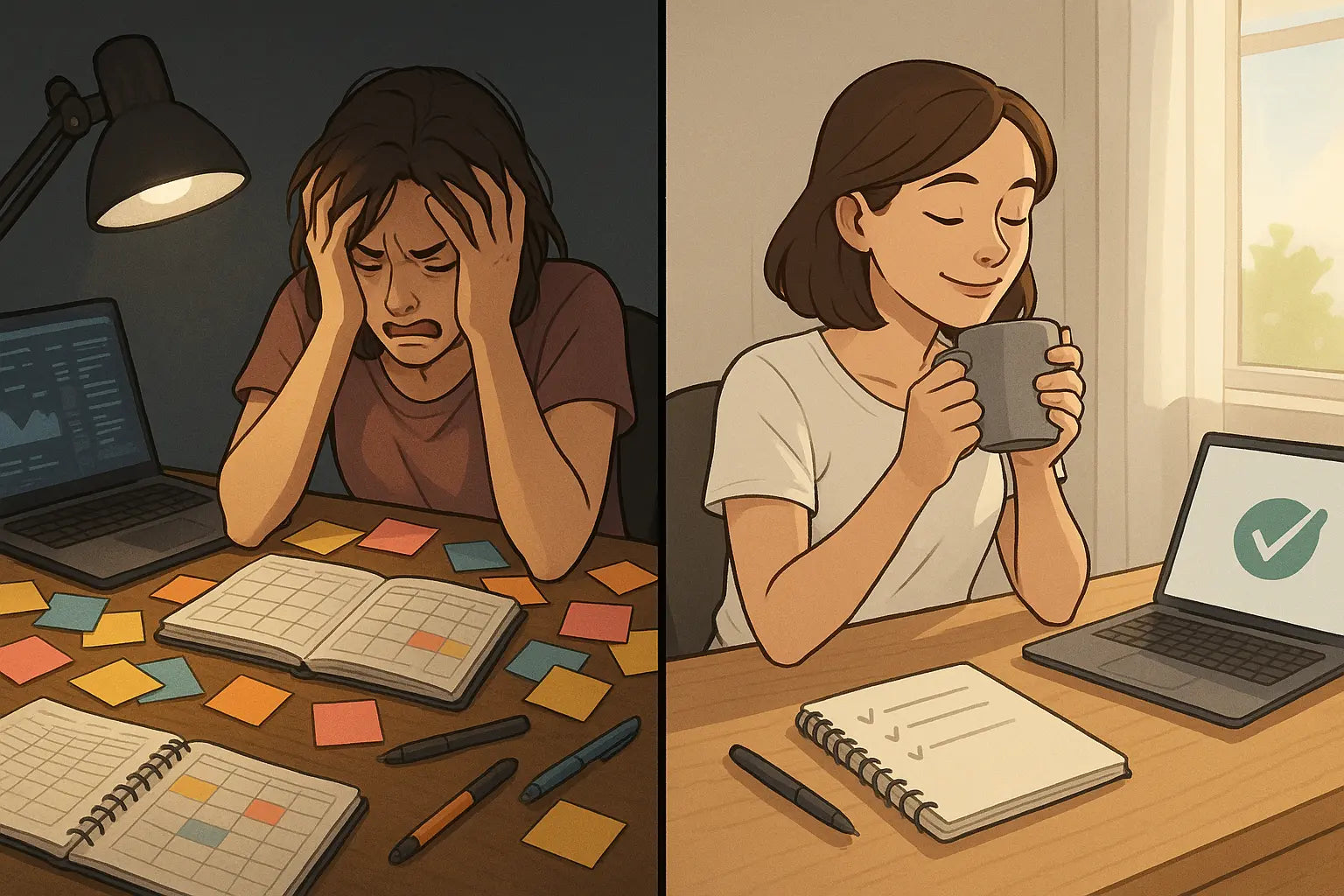 A woman transforms from overwhelmed at a cluttered desk to calm and focused with one simple notebook in bright morning light.