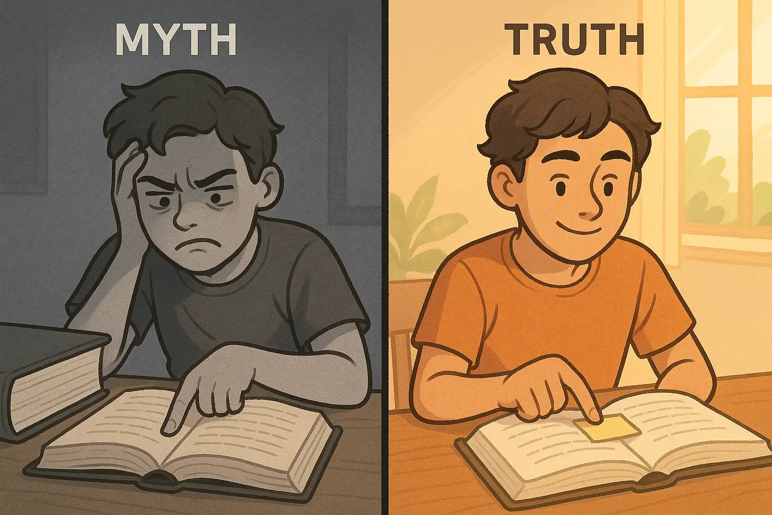 Student confidently using context clues to solve a word puzzle, contrasted with frustrated dictionary dependence.