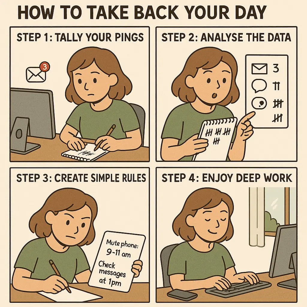 Four-panel comic showing a woman managing distractions: tallying notifications, analysing results, creating blocking rules, and working peacefully with deep focus.