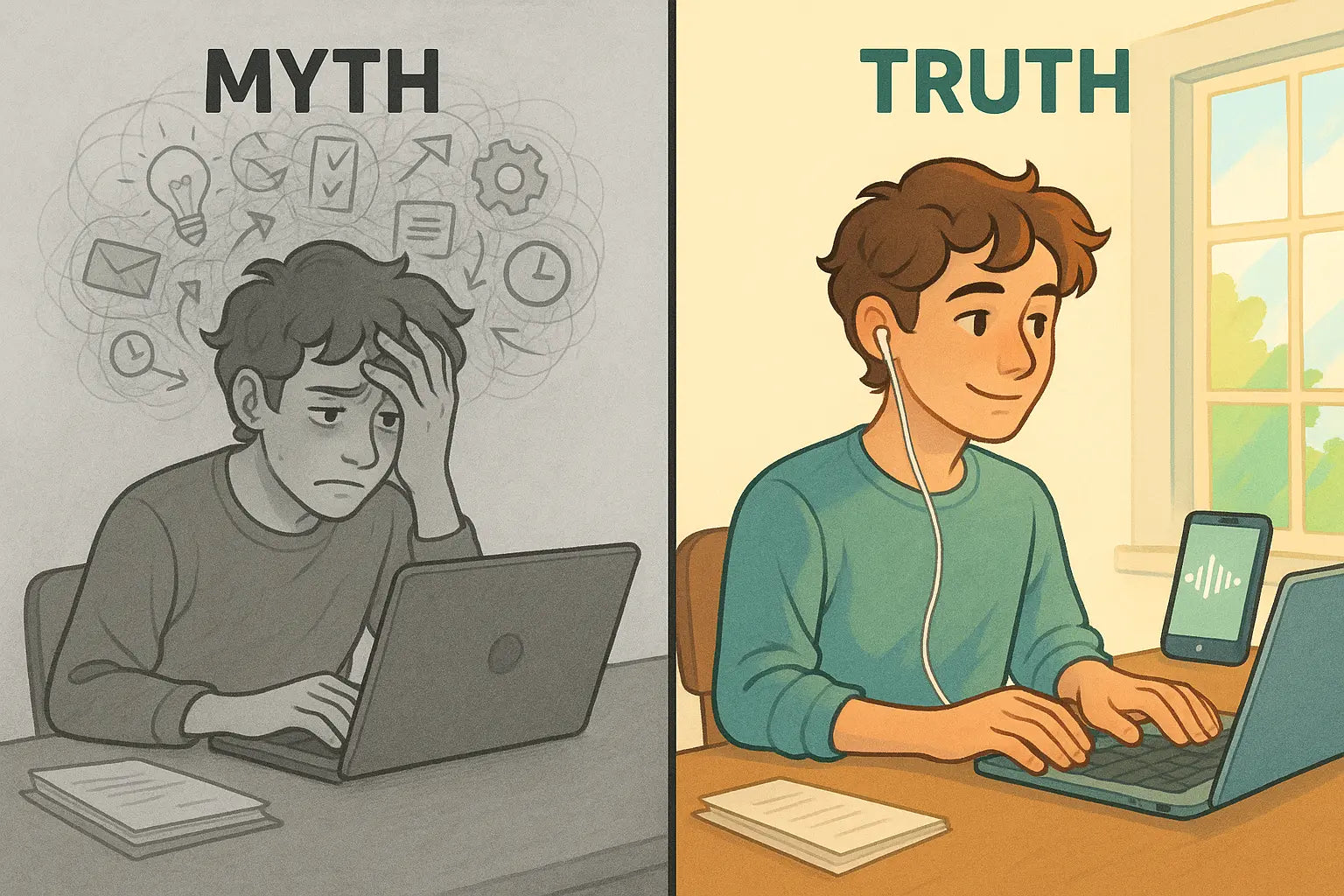 Diptych showing stressed person with chaotic thoughts versus calm person listening to voice note before work, illustrating neurodivergent tips