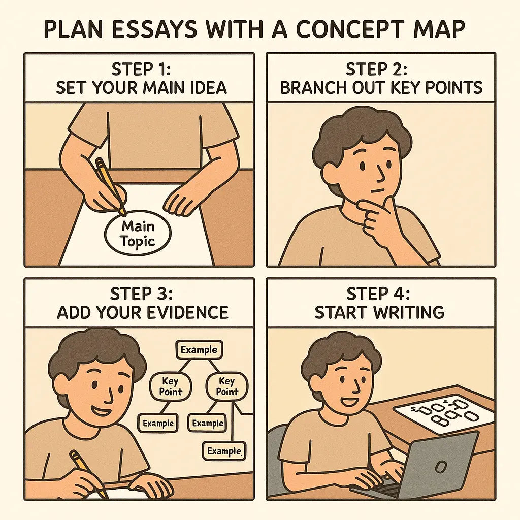 A student uses a concept map on paper to plan an essay, branching ideas from a central topic to create a clear writing structure.