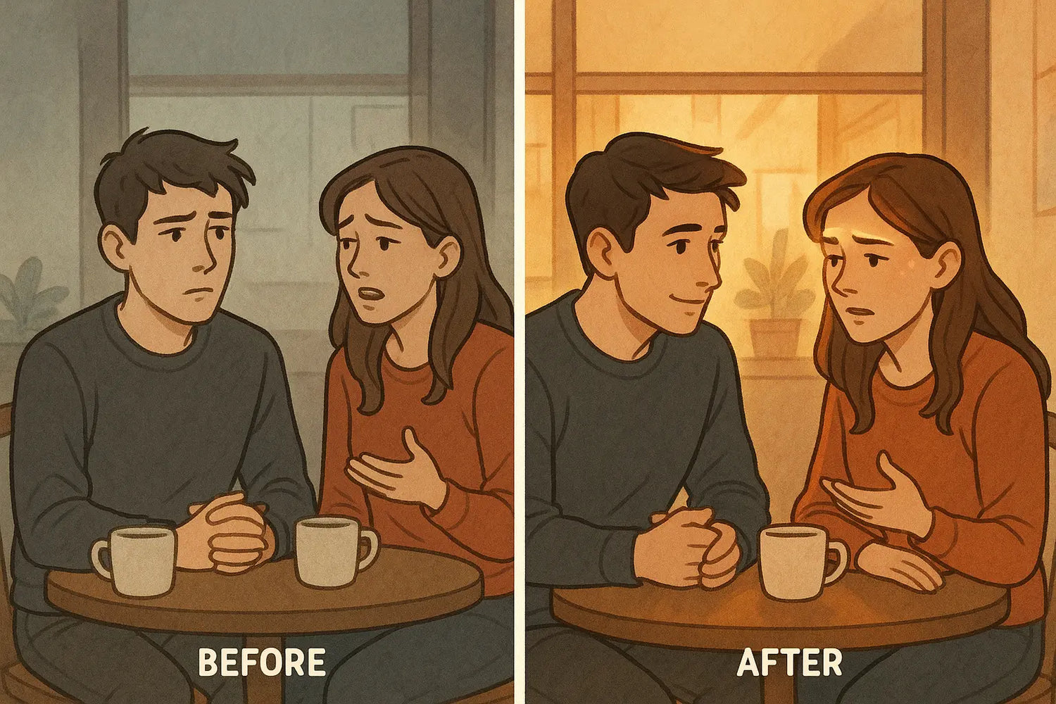 Split panel showing transformation from confusion to empathy as man learns to read friend's subtle facial expressions in cafe.