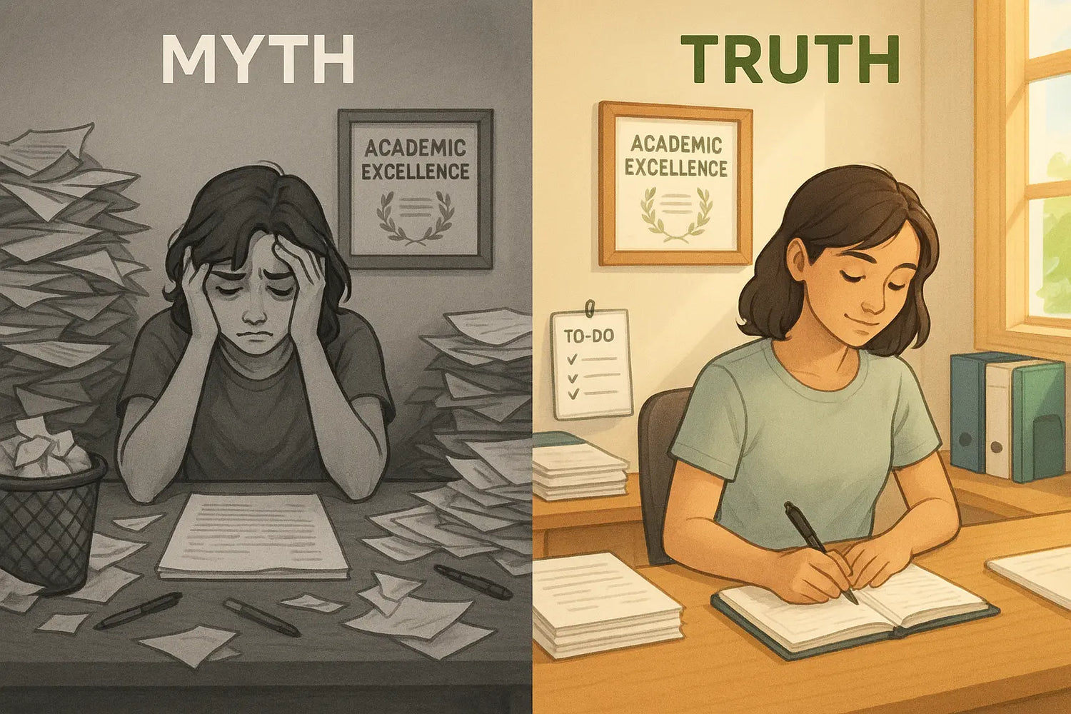 Split image showing a woman overwhelmed at a messy desk versus the same woman calm and organised using neurodivergent tips