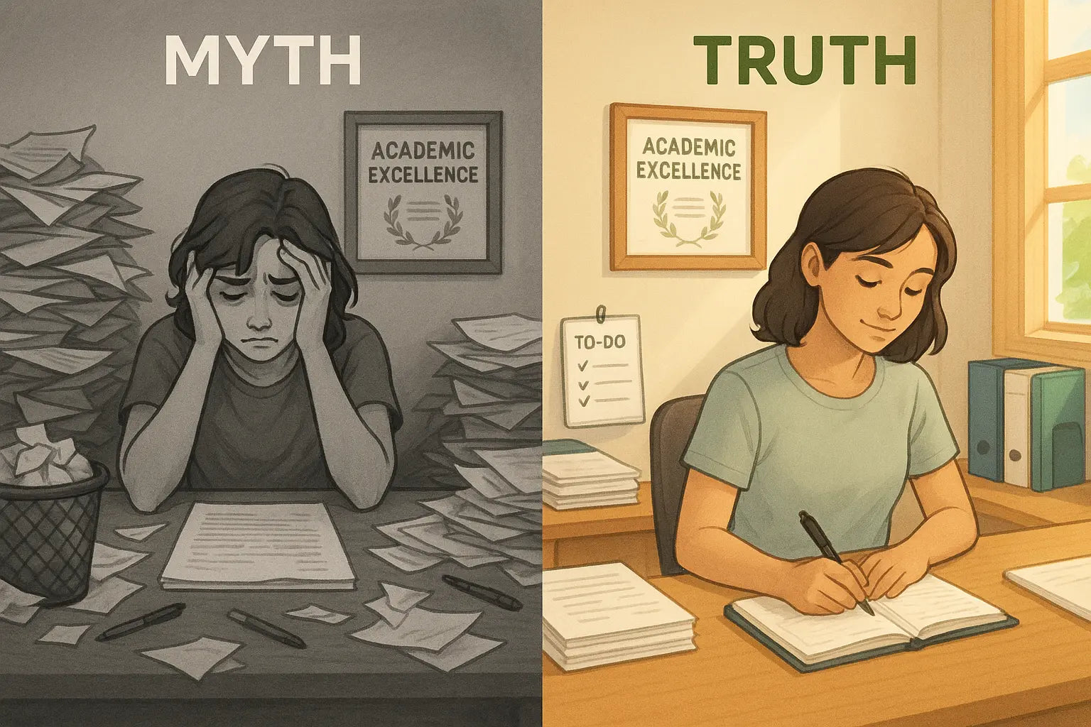 Split image showing a woman overwhelmed at a messy desk versus the same woman calm and organised using neurodivergent tips