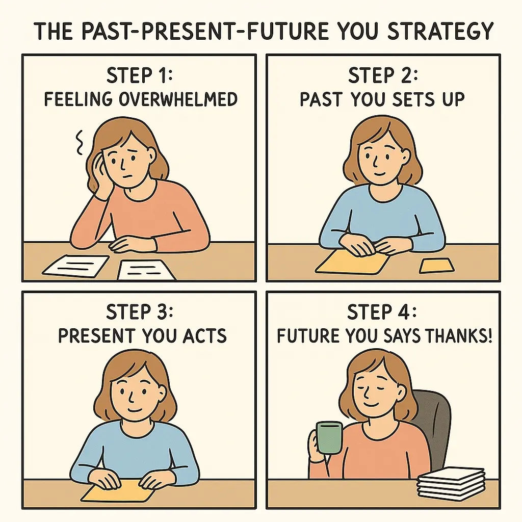 Four-panel comic showing a woman transforming from overwhelmed to relaxed by using the Past-Present-Future You strategy for task management