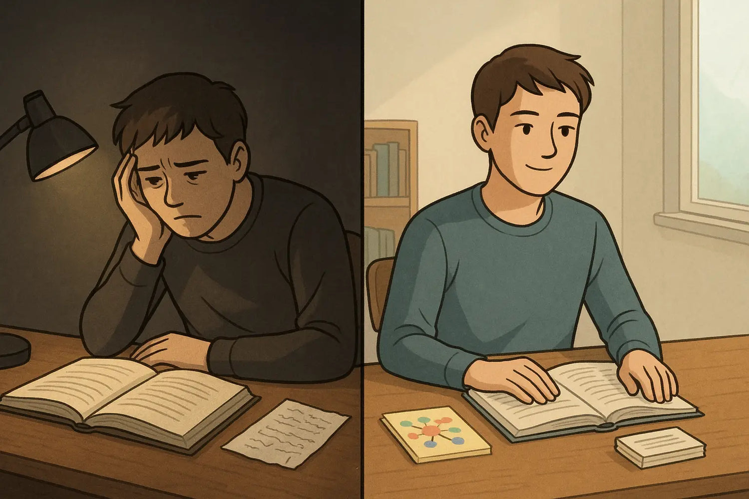 Split panel showing student transformation from frustrated with single study method to calm and focused, comparing two organised approaches